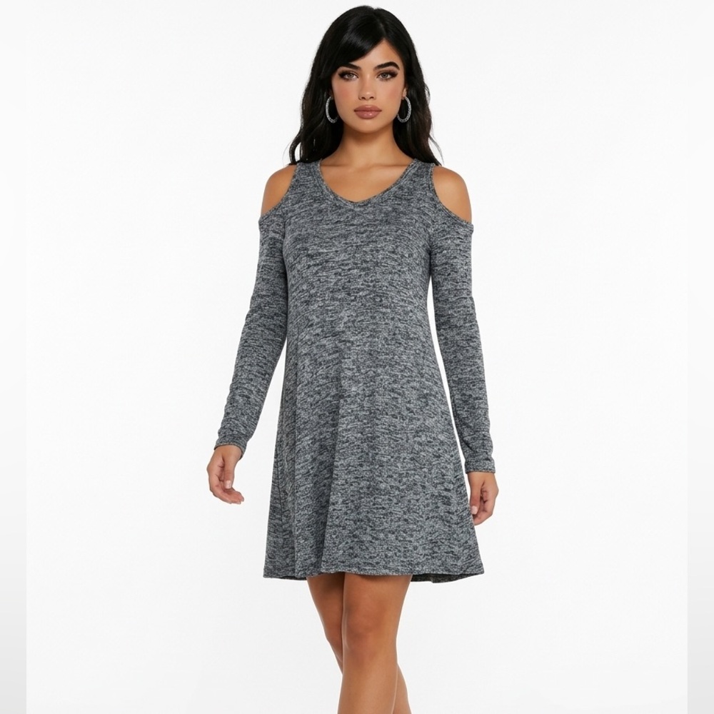 Poof Cold Shoulder Long Sleeve sweater Dress Size M Marled Grey